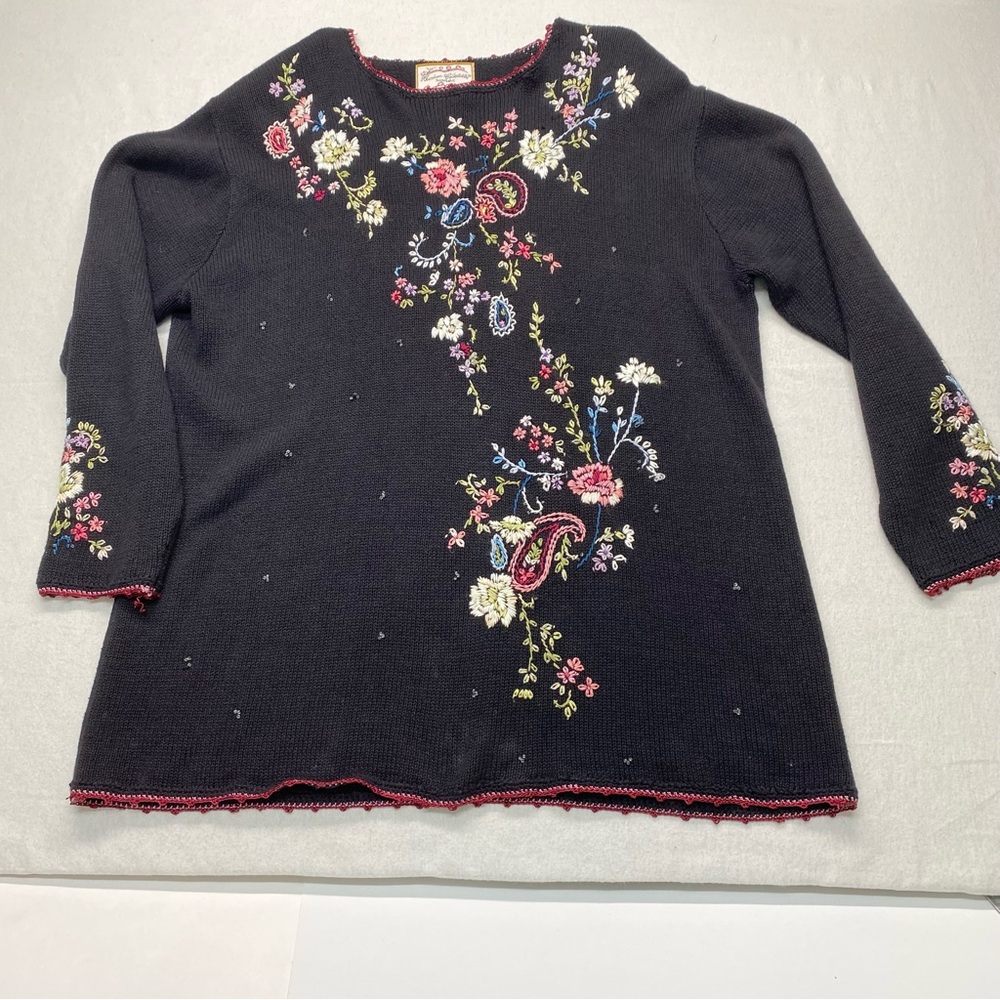 Vintage Heirloom Collectibles 2X Sweater Black Multi Colored Floral Embroidered
